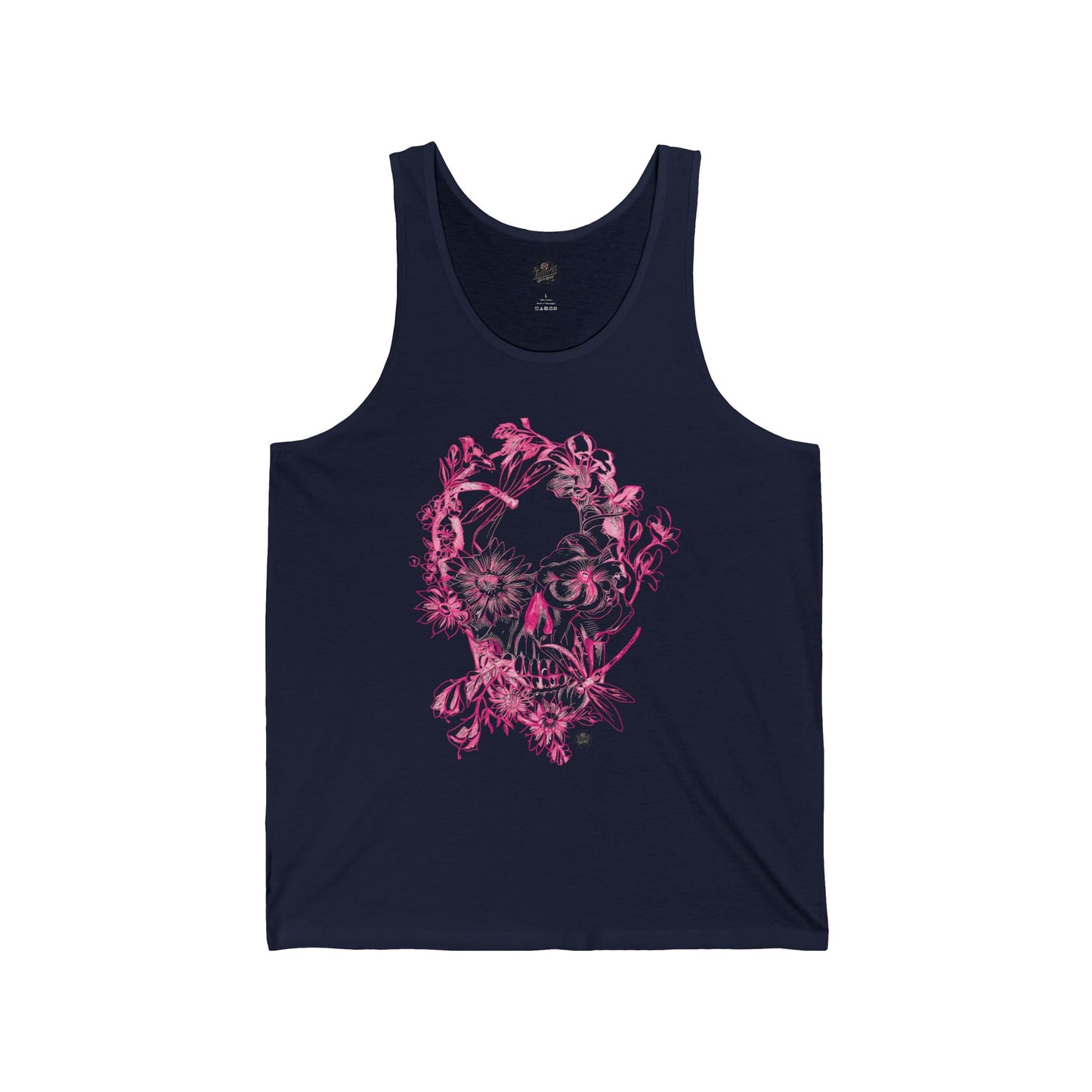 Floral Skull and Dragonfly Tattoo Art (Pink) — Tattoo Art Unisex Jersey Tank