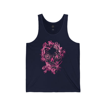 Floral Skull and Dragonfly Tattoo Art (Pink) — Tattoo Art Unisex Jersey Tank
