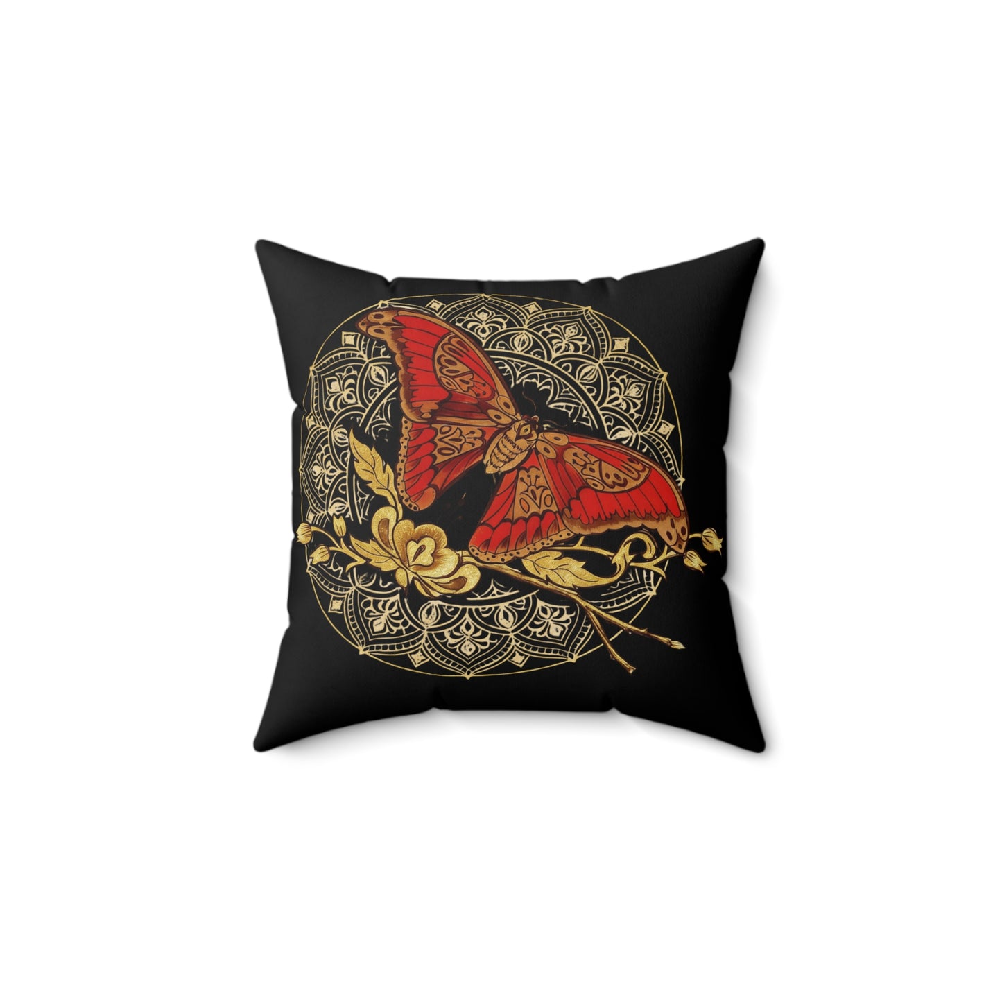 Red & Gold Moth Tattoo Pillow — Spun Polyester Decorative Black