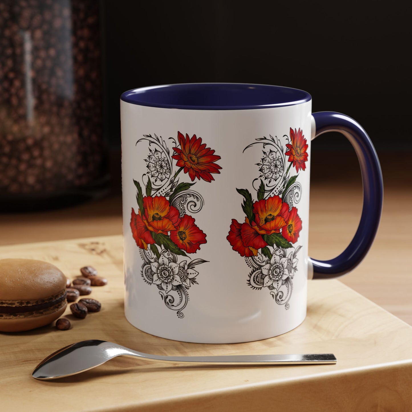 Orange & Red Poppy Flowers Original Tattoo Artwork - Coffee Mug (11oz & 15oz) Your choice of Interior & Handle choices