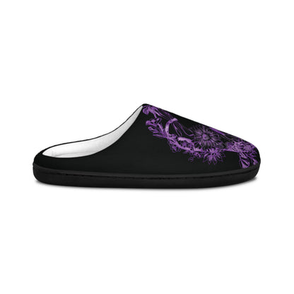 Floral Skull and Dragonfly Tattoo Art (Pink) - Black & Pink Comfy House Slippers