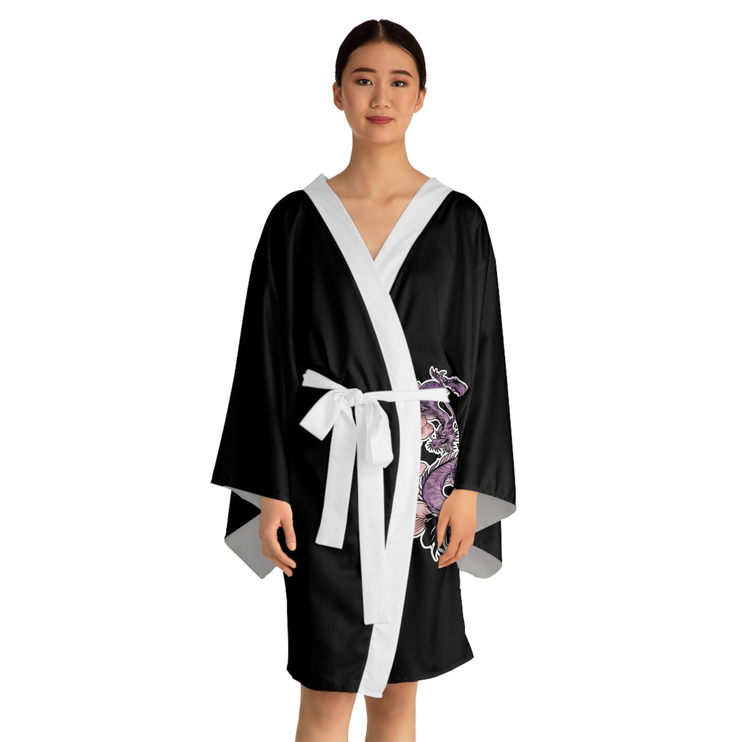 Dragon Orchids - Kimono Robe — Silk-Touch Mid-Length Tattoed Dragon Print