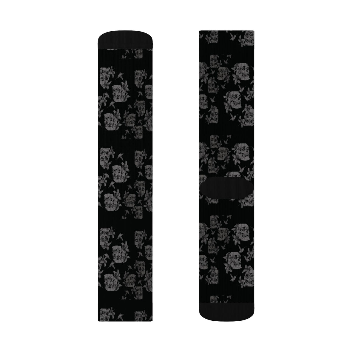 Skull Lily Tattoo Artwork Sublimation Socks — Black Gothic Crew Socks for Halloween & Everyday