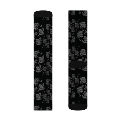Skull Lily Tattoo Artwork Sublimation Socks — Black Gothic Crew Socks for Halloween & Everyday