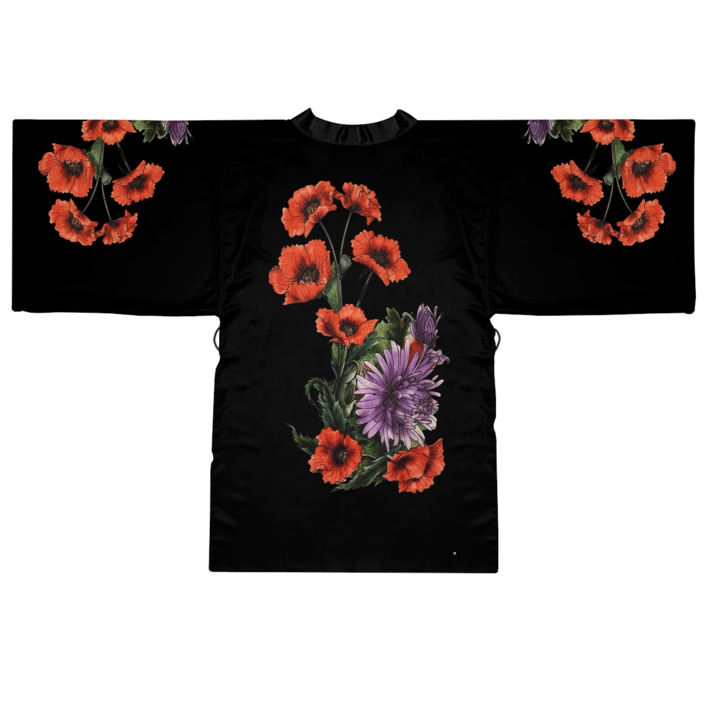 Black garment with red floral patterns on a white background