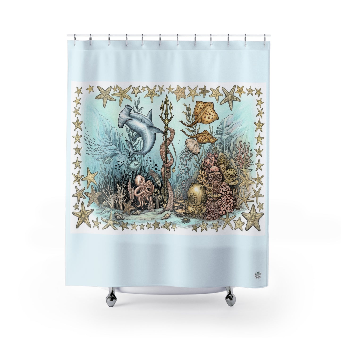 Ocean Tattoo Underwater Journey Shower Curtain — Nautical Bathroom Art