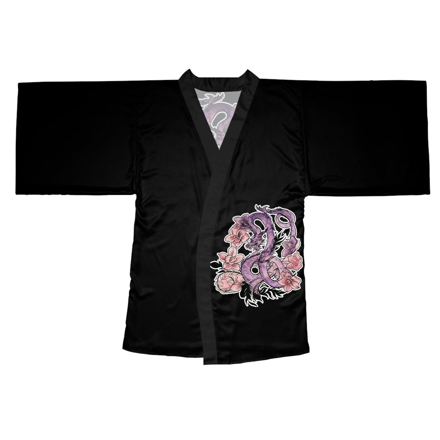 Dragon Orchids - Kimono Robe — Silk-Touch Mid-Length Tattoed Dragon Print