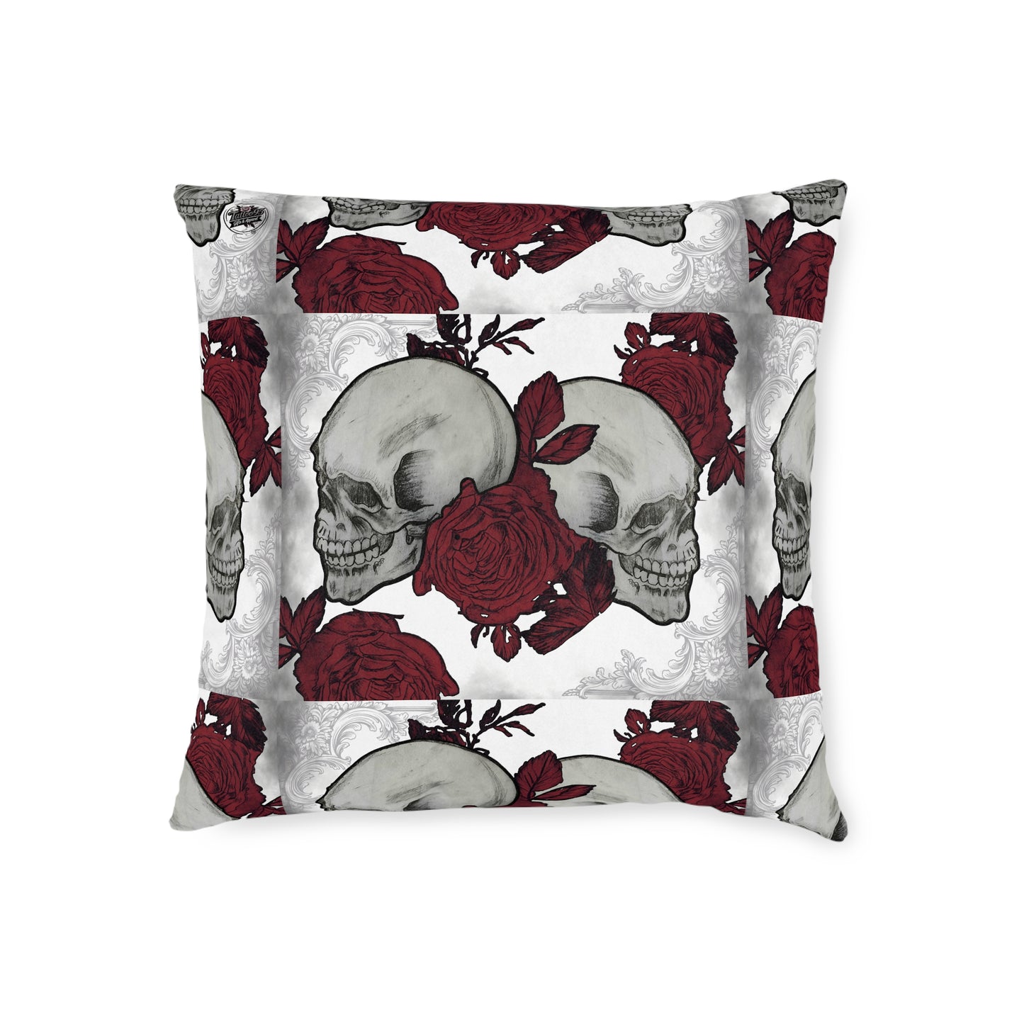 Skulls and Roses - Square Pillow - Pink Back cruelty-free faux suede