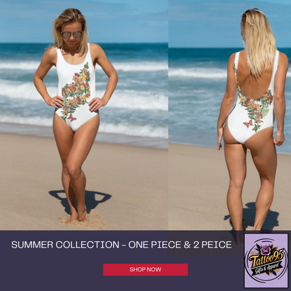 Tattooed Cat Vintage One-Piece Swimsuit — Black & White Tattoo-Style Cat AOP