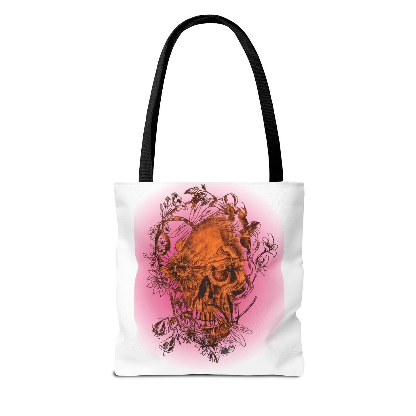 Floral Skull and Dragonfly Tattoo Art (Orange) - Tote Bag (3 Sizes)