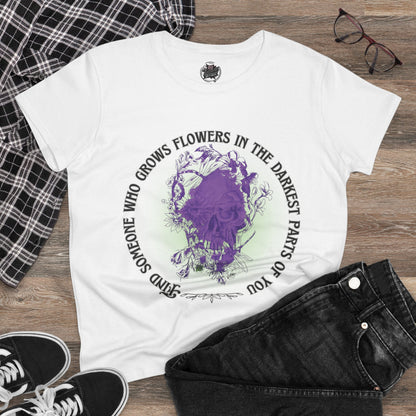 Floral Skull and Dragonfly Tattoo Art (Purple) Find Someone Who Grows Flowers In The Darkets Part of You Quote - Unisex TShirts