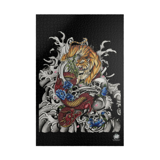 Tiger, Dragon & Skulls - Tattoo-Style Puzzle — Jewel-Toned Glossy Art (110/252/520/1014 pcs)