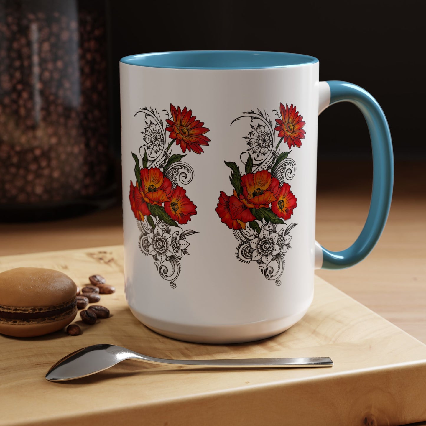 Orange & Red Poppy Flowers Original Tattoo Artwork - Coffee Mug (11oz & 15oz) Your choice of Interior & Handle choices