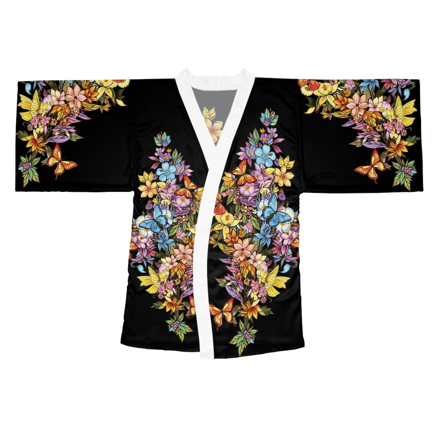 Butterfly Cascading Flowers - Kimono Robe — Silk-Touch Mid-Length Tattooed Print