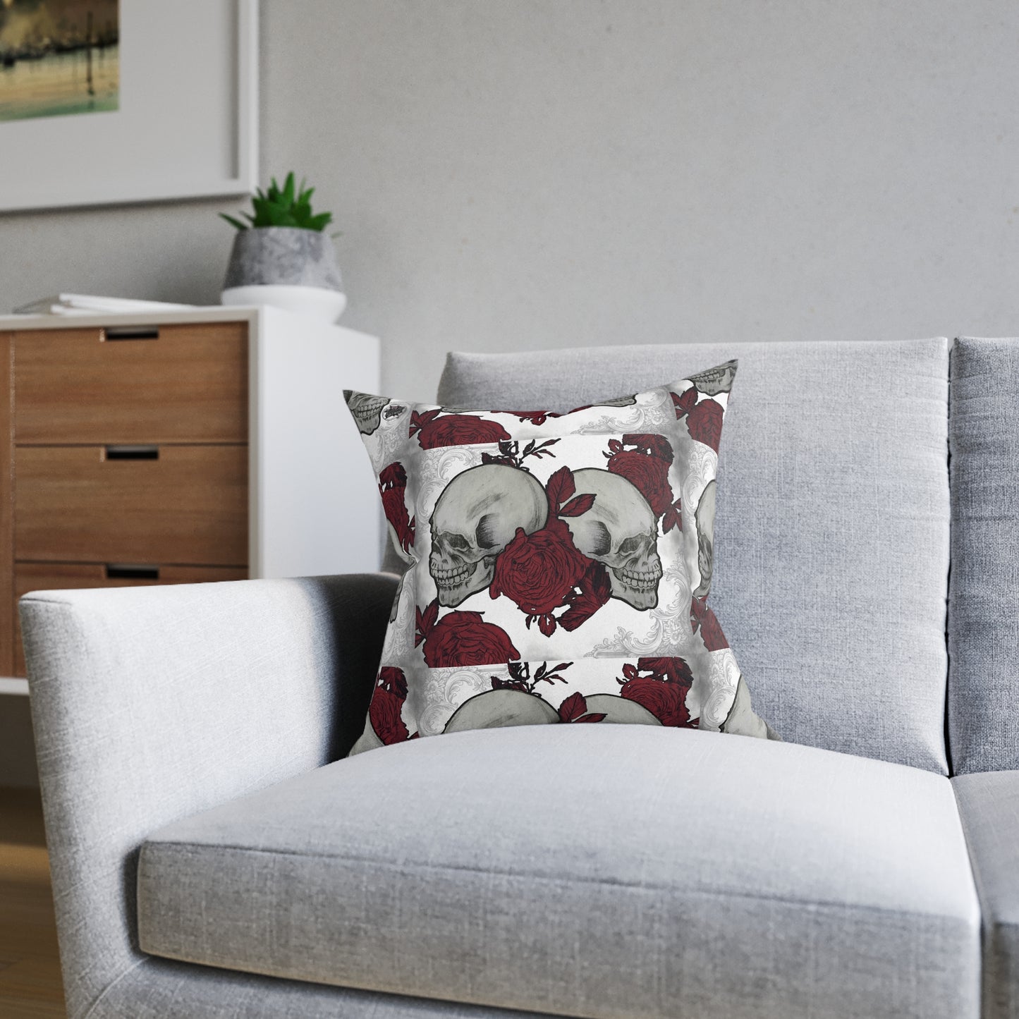 Skulls and Roses - Square Pillow - Pink Back cruelty-free faux suede