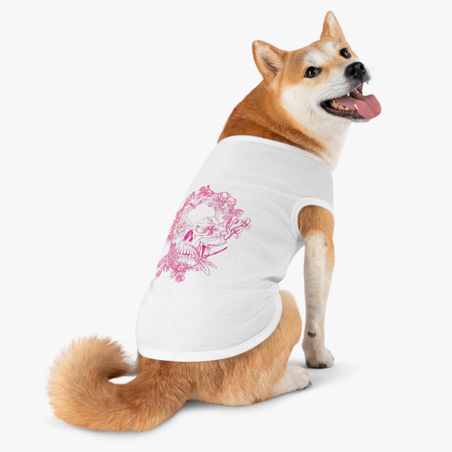 Floral Skull and Dragonfly Tattoo Art (Pink) - Black Pet Tank Top – White Pet Tank Top