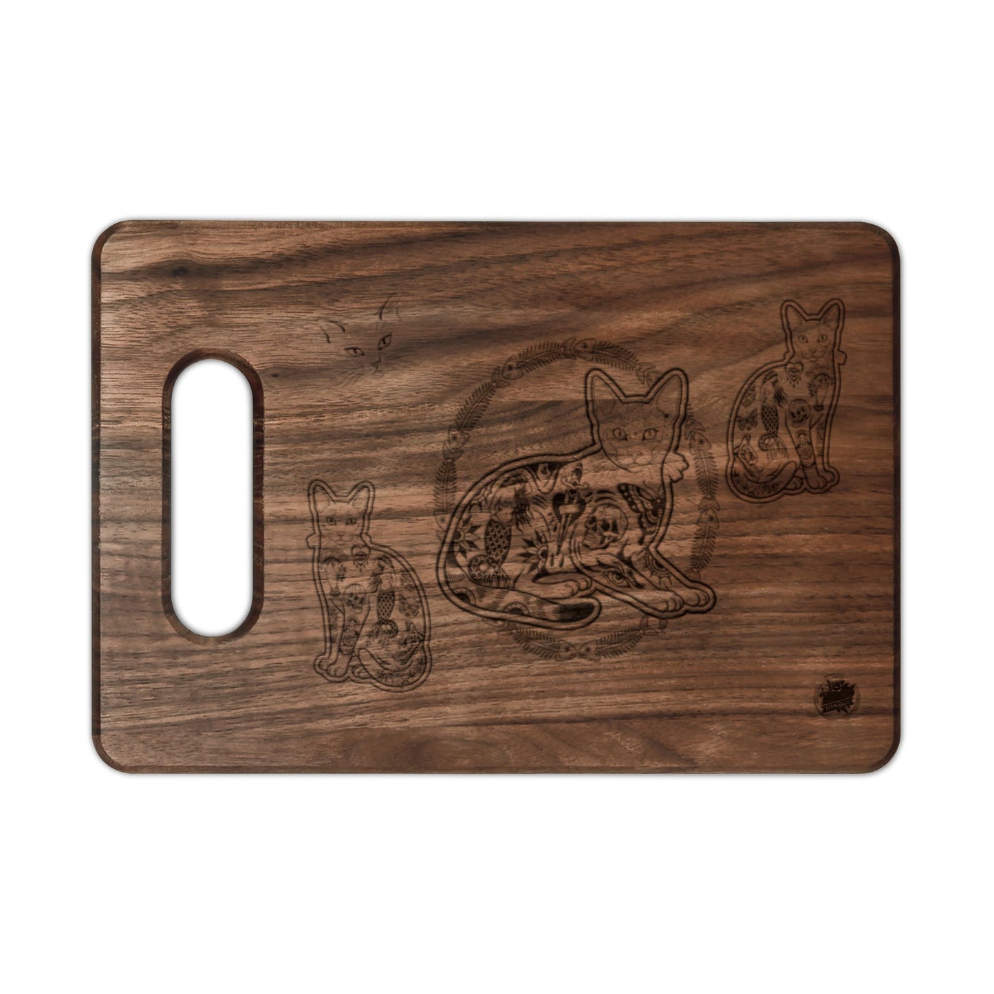 Tattooed Cat Fish Bones Circle Original Tattoo Artwork - Engraved Paddle & Rectangular Cutting Boards — Decorative Serving & Chopping Board