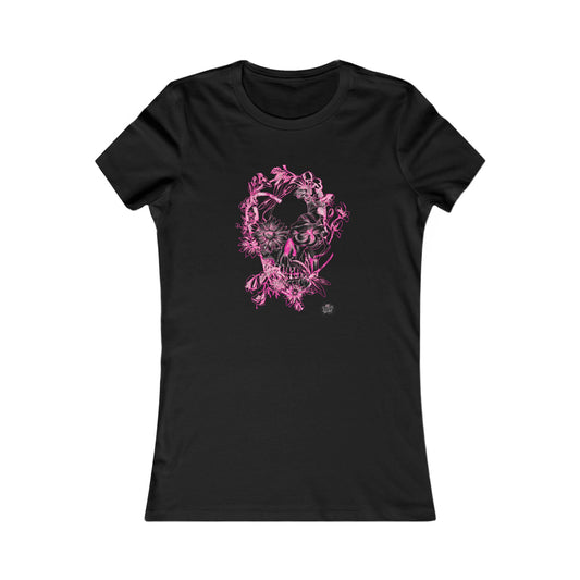 Floral Skull & Dragonfly Tattoo Art Women's Tee — Slim Fit Pink
