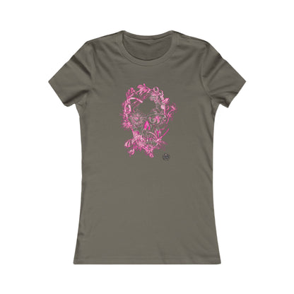 Floral Skull & Dragonfly Tattoo Art Women's Tee — Slim Fit Pink