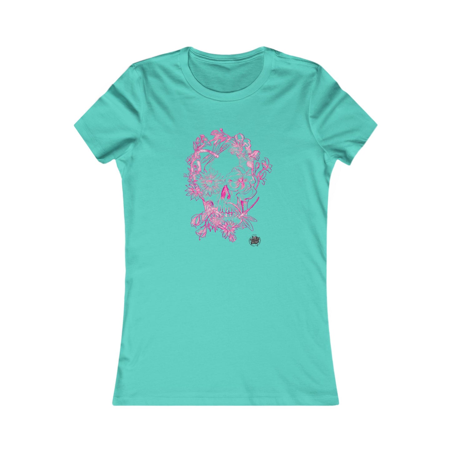 Floral Skull & Dragonfly Tattoo Art Women's Tee — Slim Fit Pink