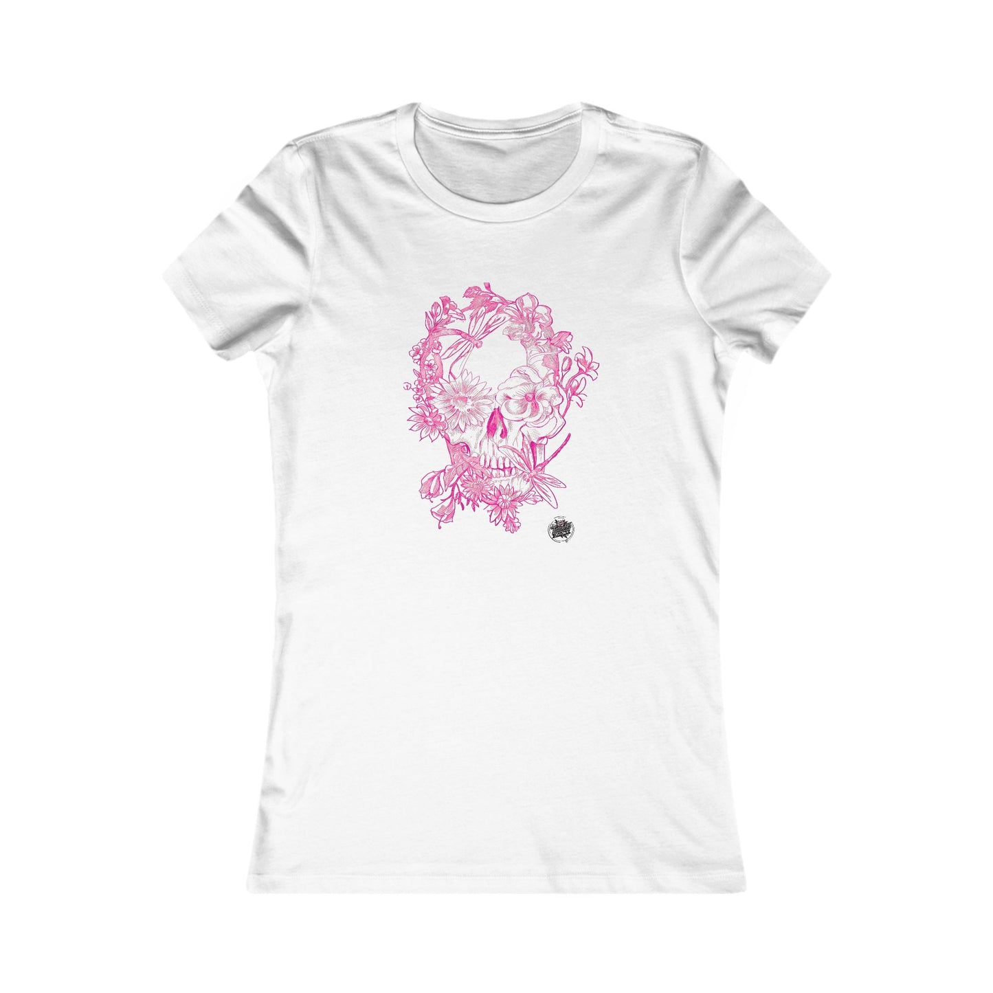 Floral Skull & Dragonfly Tattoo Art Women's Tee — Slim Fit Pink