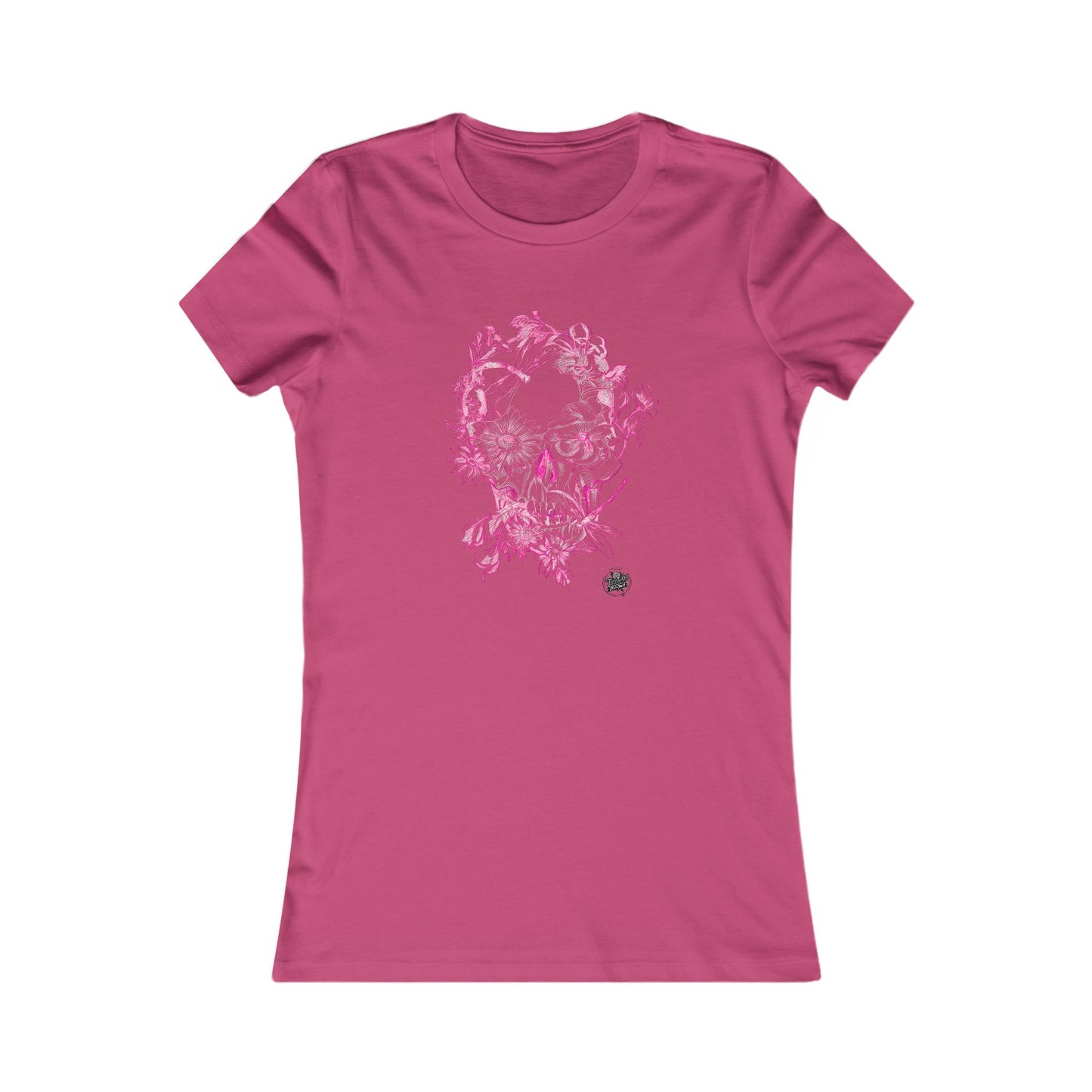Floral Skull & Dragonfly Tattoo Art Women's Tee — Slim Fit Pink