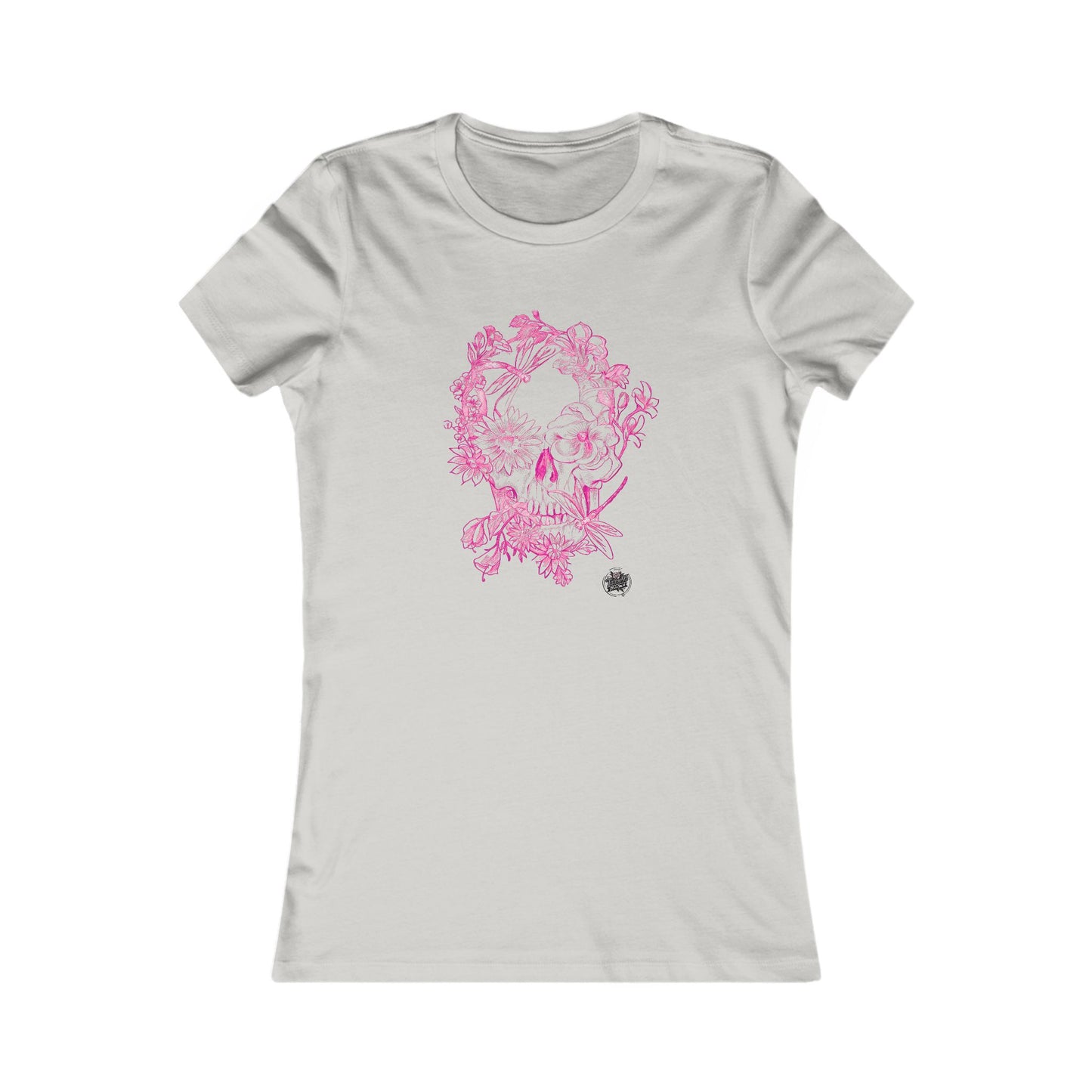Floral Skull & Dragonfly Tattoo Art Women's Tee — Slim Fit Pink