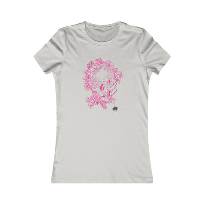 Floral Skull & Dragonfly Tattoo Art Women's Tee — Slim Fit Pink