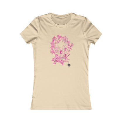 Floral Skull & Dragonfly Tattoo Art Women's Tee — Slim Fit Pink