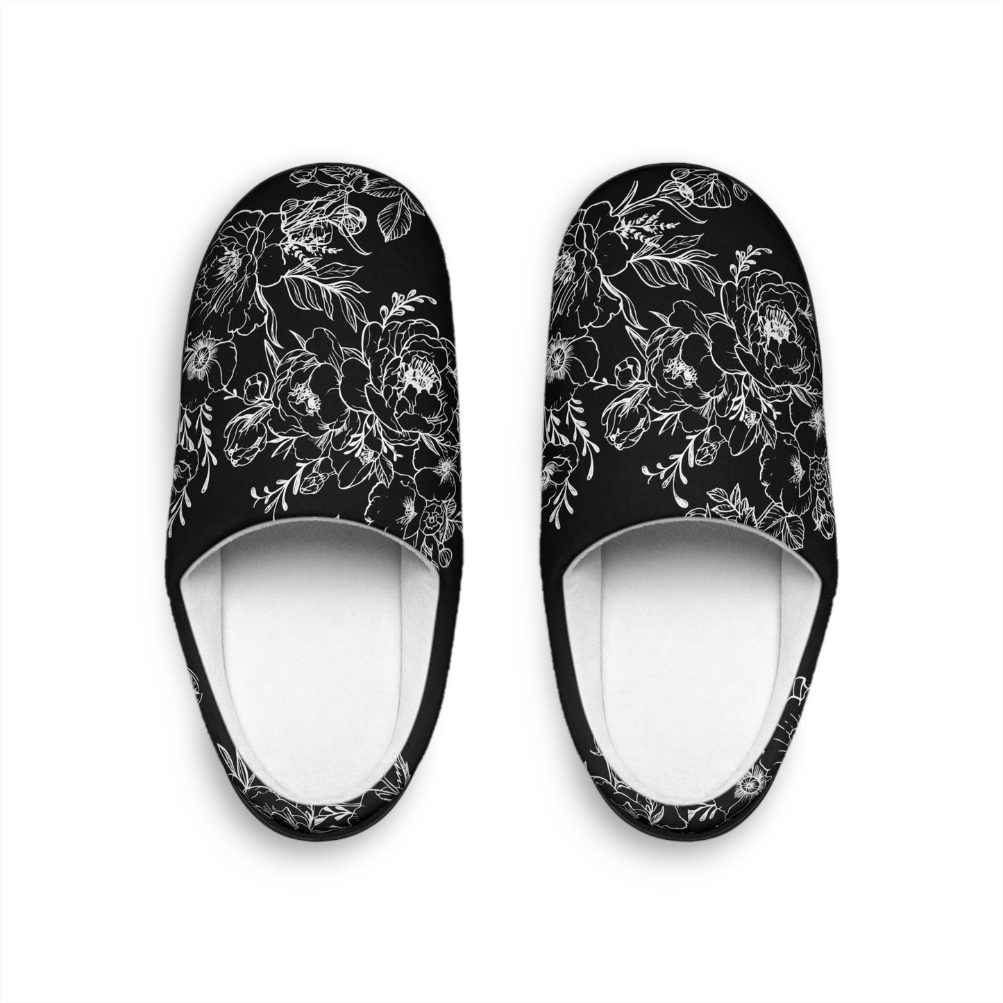 Peonies Tattoo Artwork Black Slippers - White Sketch - Women's Indoor Slippers