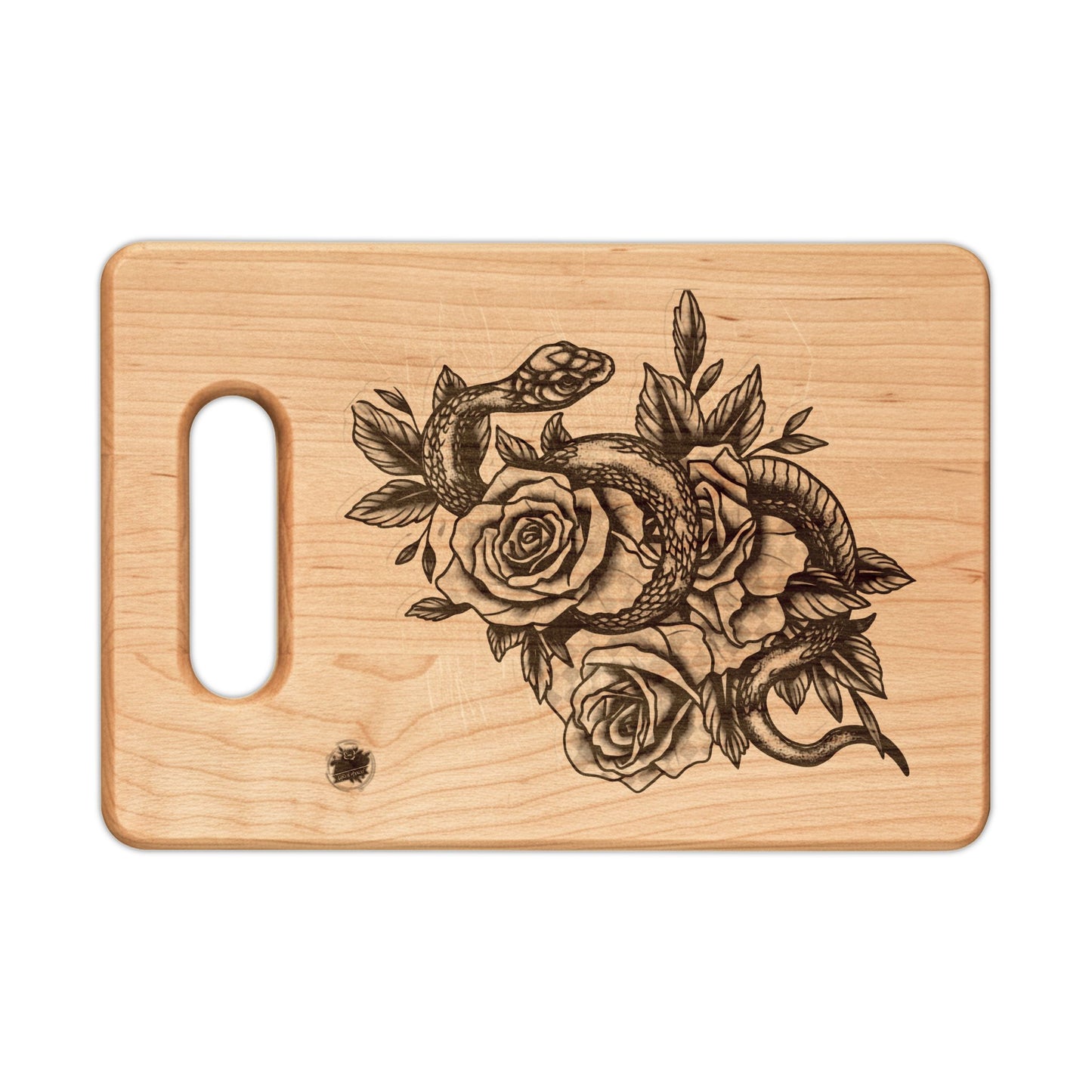 Snake & Roses Engraved Wooden Cutting Board — Decorative Paddle & Rectangular Serving Board