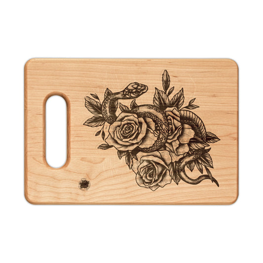 Snake & Roses Engraved Wooden Cutting Board — Decorative Paddle & Rectangular Serving Board