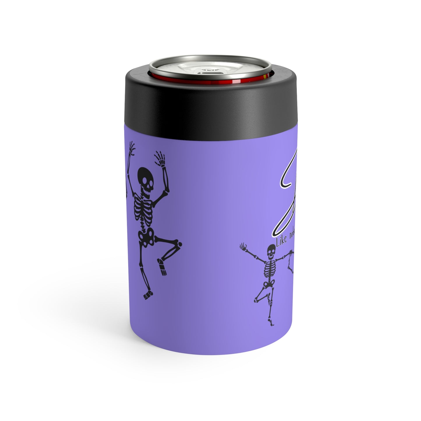Dancing Skeleton Can Cooler — Purple Dance Like Nobody's Getting Out Alive Halloween Beverage Insulator