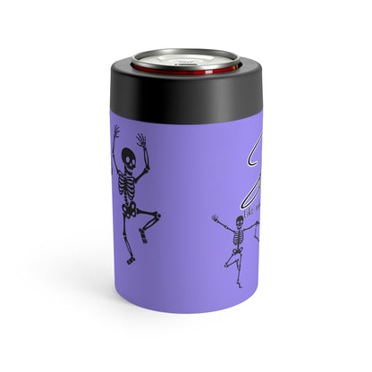 Dancing Skeleton Can Cooler — Purple Dance Like Nobody's Getting Out Alive Halloween Beverage Insulator