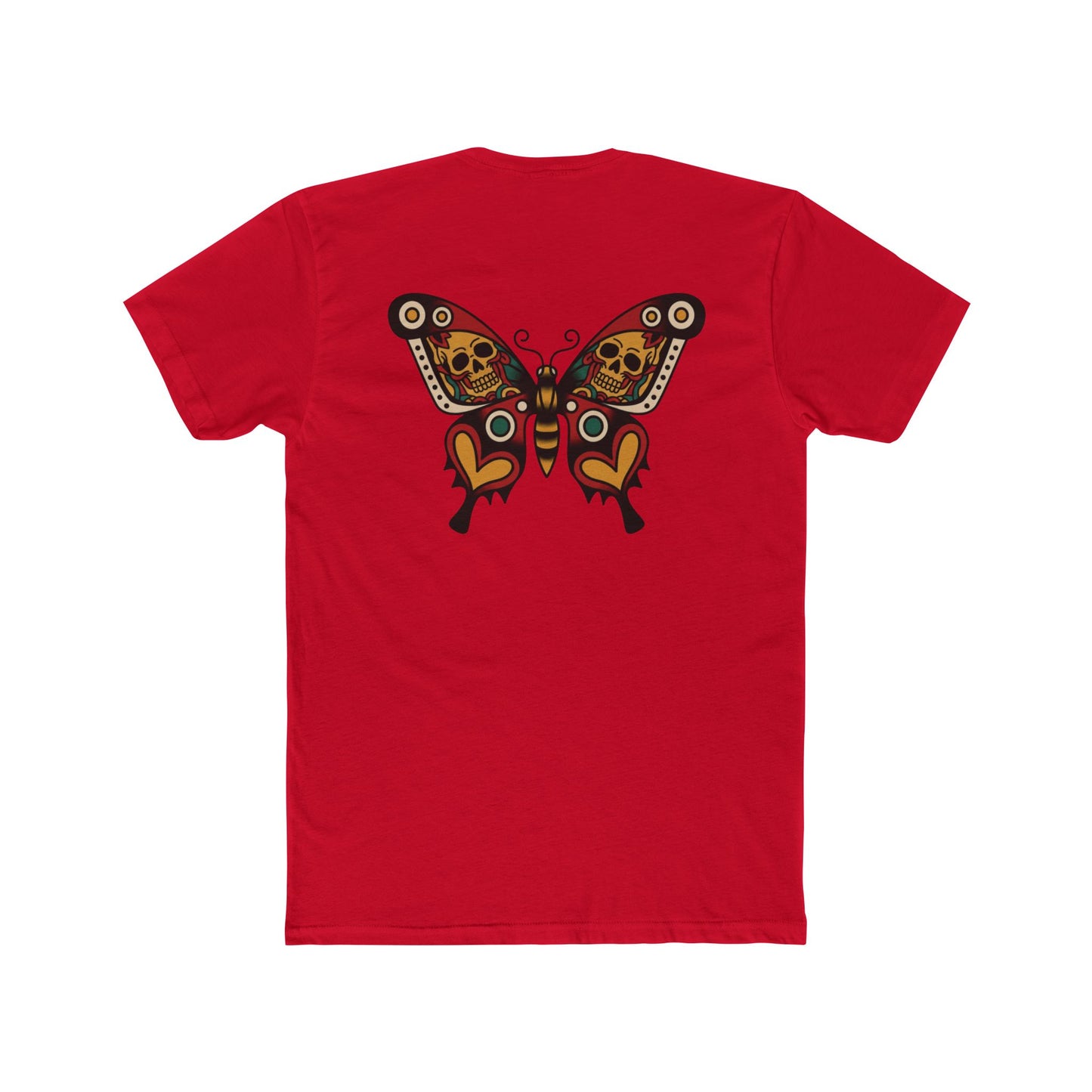 Butterfly Skulled Wings - Crew Tee — Red Yellow & Green Graphic 'Quiet Promise' Cotton Tee