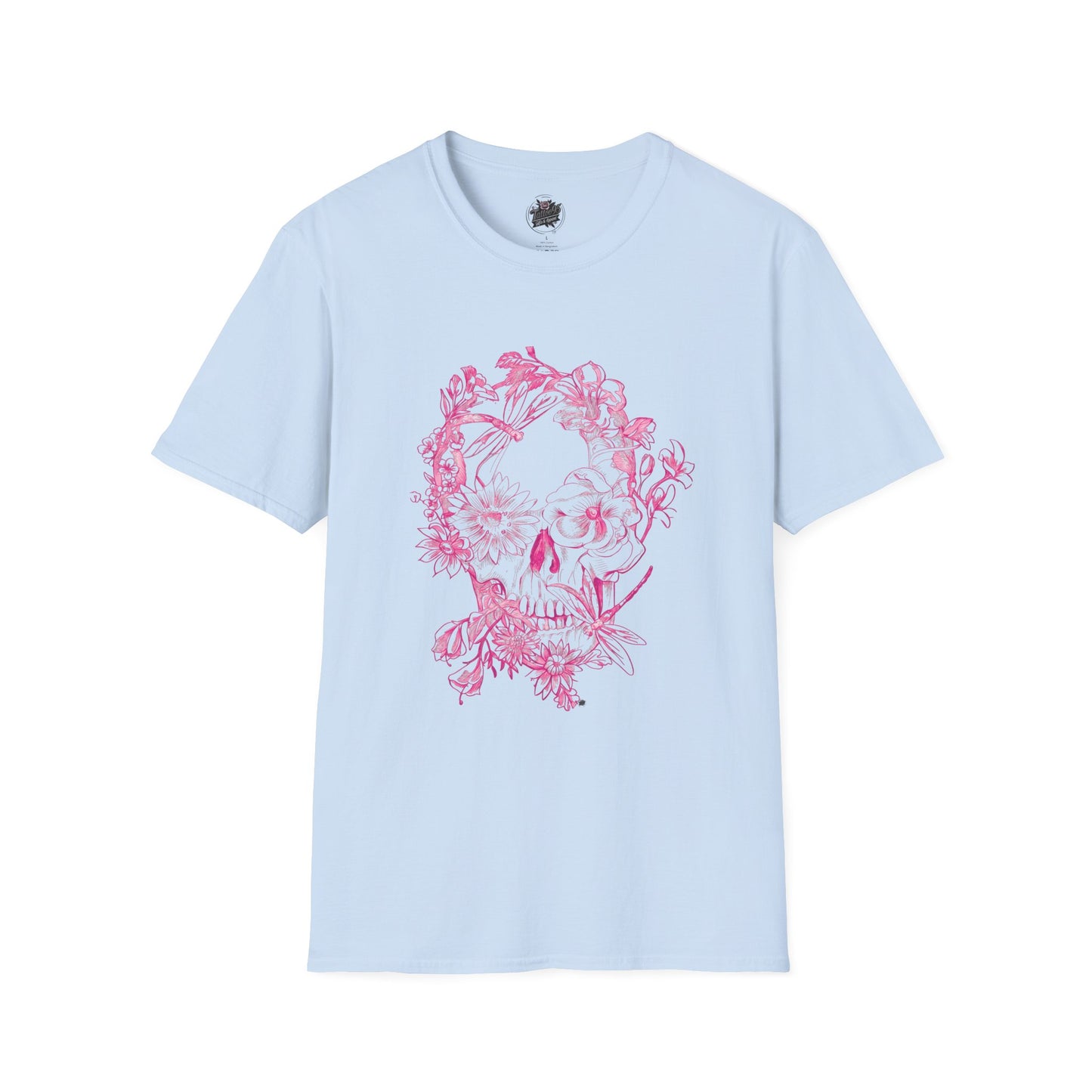 Floral Skull and Dragonfly Tattoo Art (Pink) - Unisex Softstyle T-Shirt