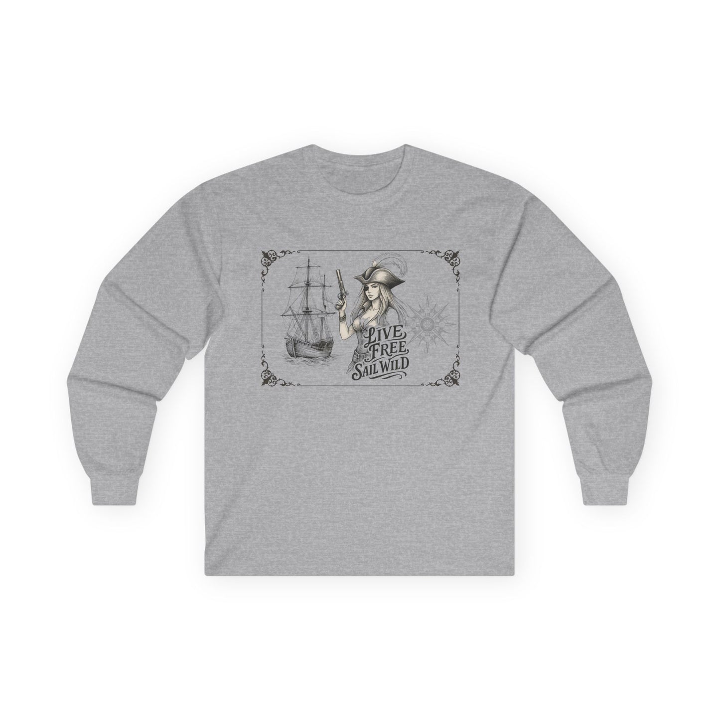 Live Free, Sail Wild Pirate Lady with Back Quote "I’m the Storm You Saw Coming" - Gildan Adult Long Sleeve Ultra Cotton T-Shirt