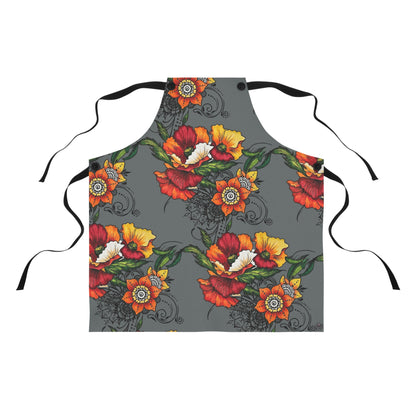Orange & Red Poppy Flowers Original Tattoo Artwork - Grey Apron