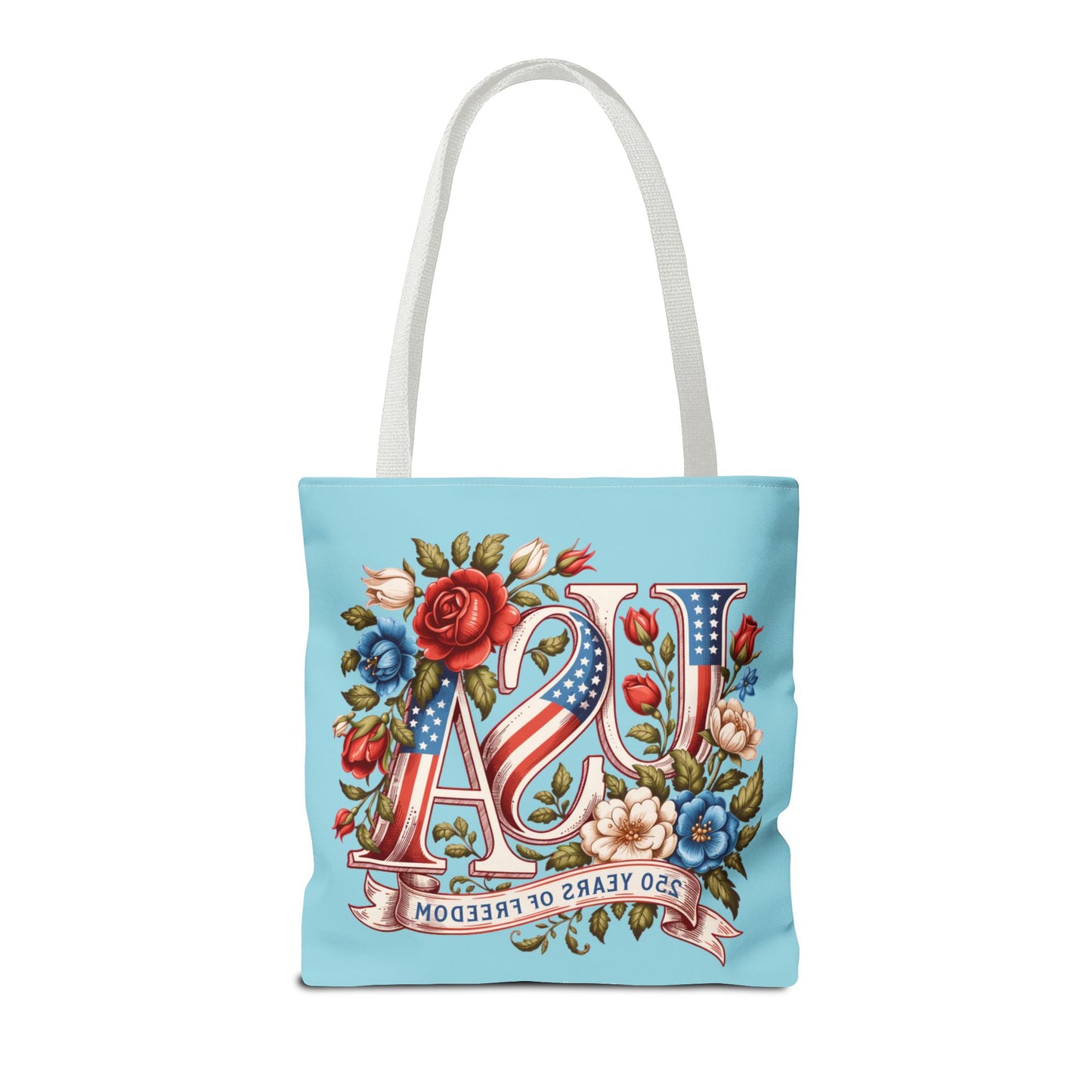 Floral USA -- Happy 250th Birthday America Tote Bag — Patriotic 4th of July Celebration Tote