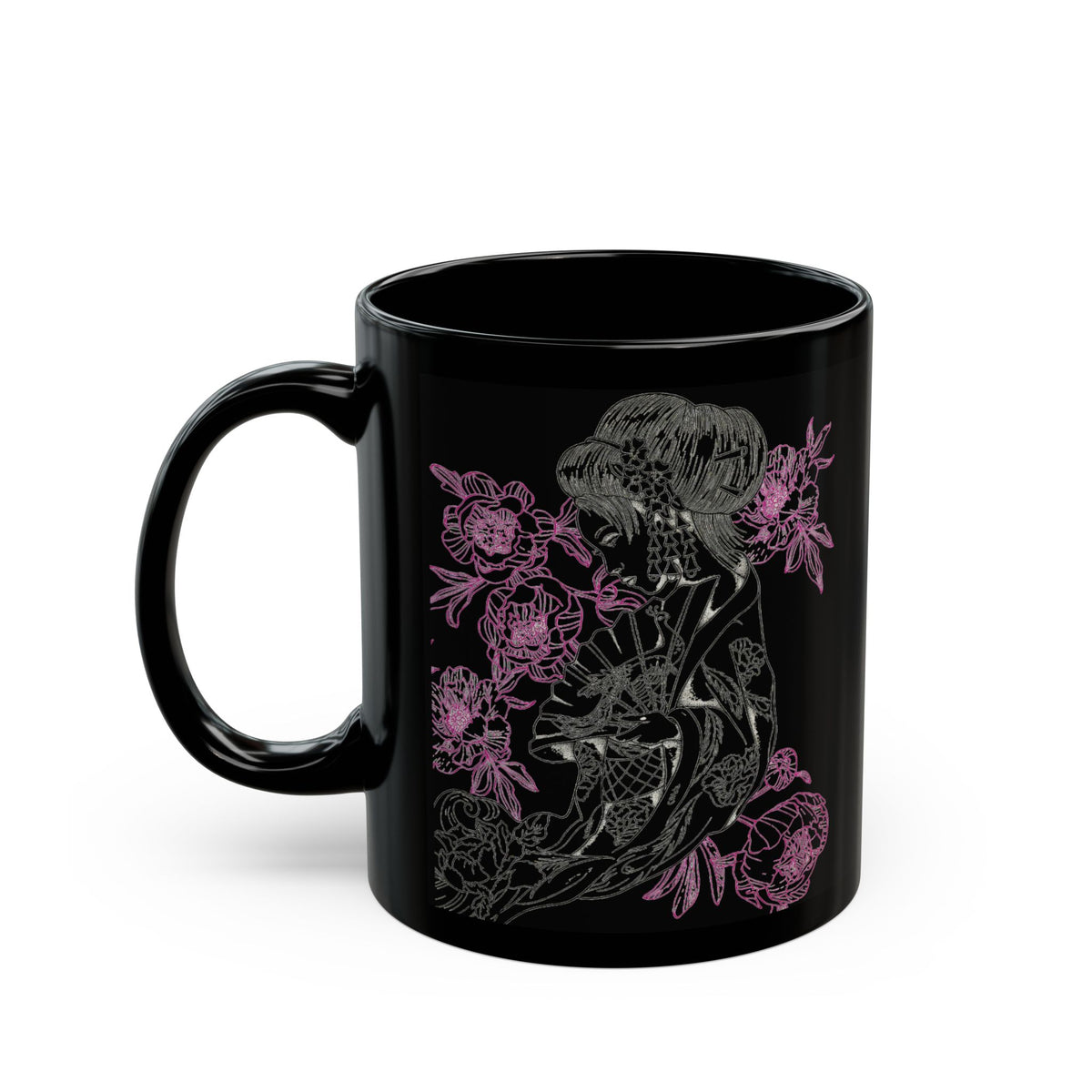 Flowing Geisha Tattoo - Coffee Mug — 11oz & 15oz - Black Background