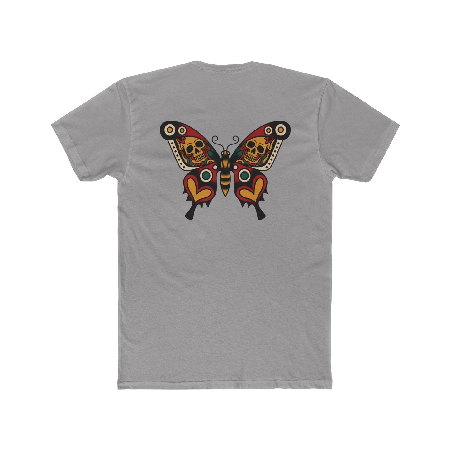 Moth & Skulls Crew Tee — Red Yellow & Green Graphic 'Quiet Promise' Cotton Tee
