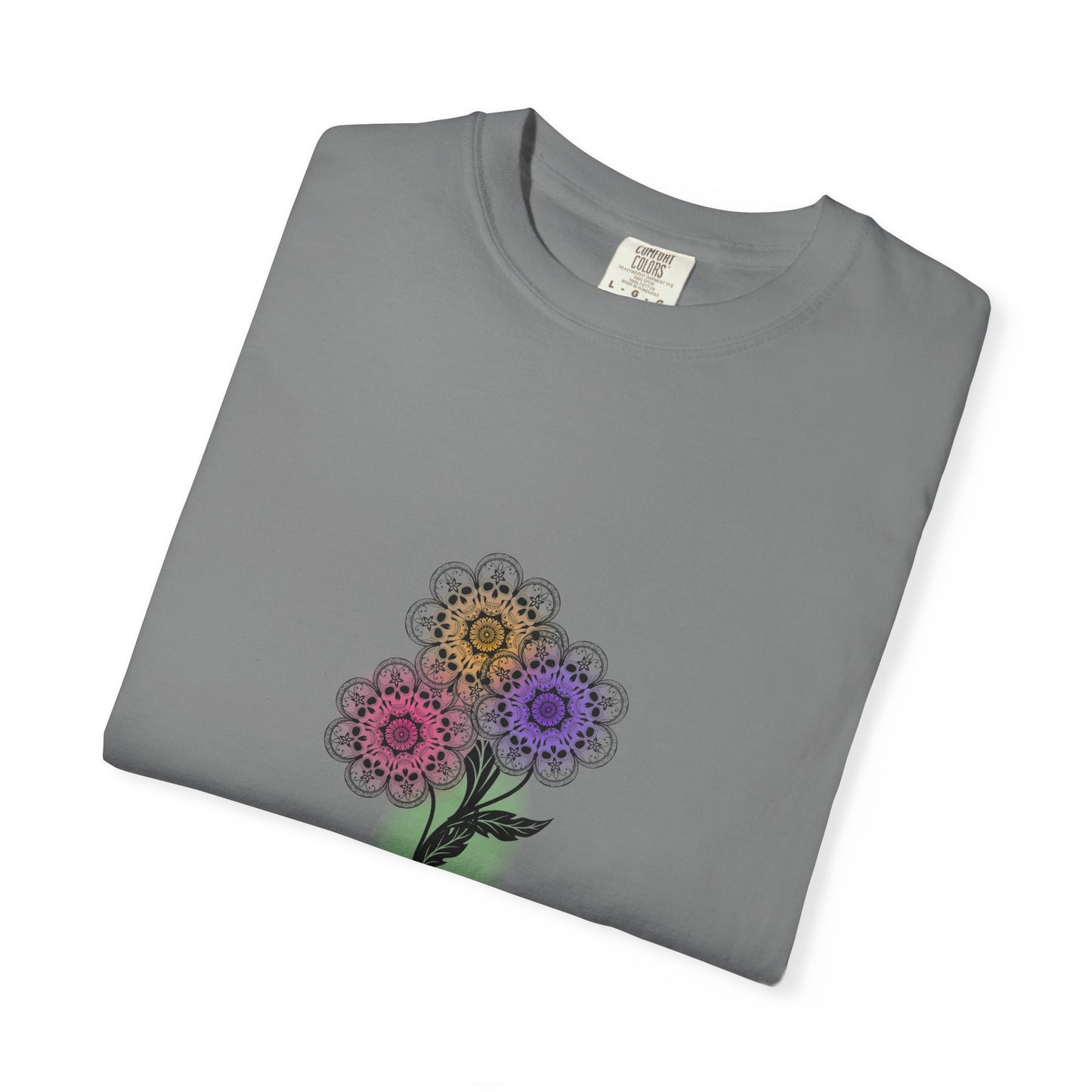 Skull Flower Mandela Trio - Unisex T-Shirt — Hand-Drawn Flower Bouquet & Sugar Skull Back Print