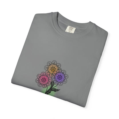 Skull Flower Mandela Trio - Unisex T-Shirt — Hand-Drawn Flower Bouquet & Sugar Skull Back Print