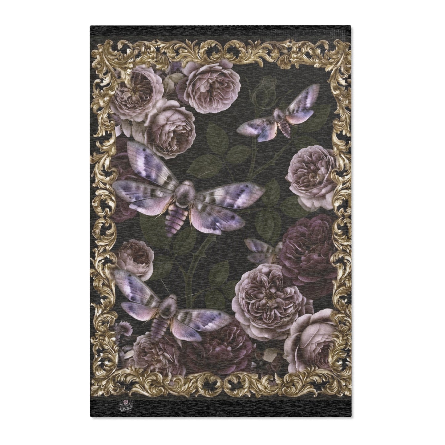Vintage Floral Moth Area Rug — Dark Victorian Rose Accent Rug