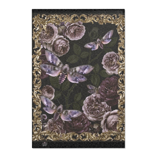 Vintage Floral Moth Area Rug — Dark Victorian Rose Accent Rug
