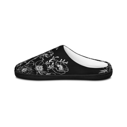 Peonies Tattoo Artwork Black Slippers - White Sketch - Women's Indoor Slippers