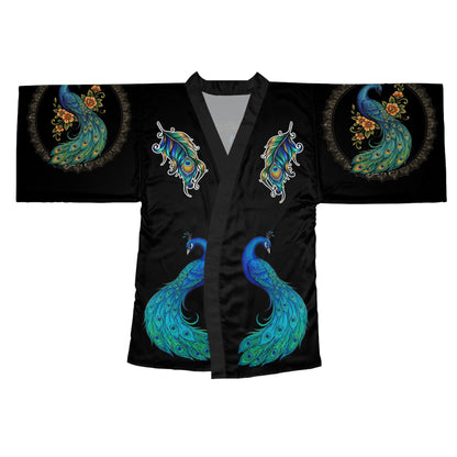 Floral Peacock Mandala - Kimono Robe — Mid‑Length Silk‑Like Wrap