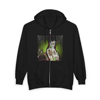 Zombie Lady Deadrah - Black Full-Zip Hoodie — Tattoo Art Heavy Blend Sweatshirt