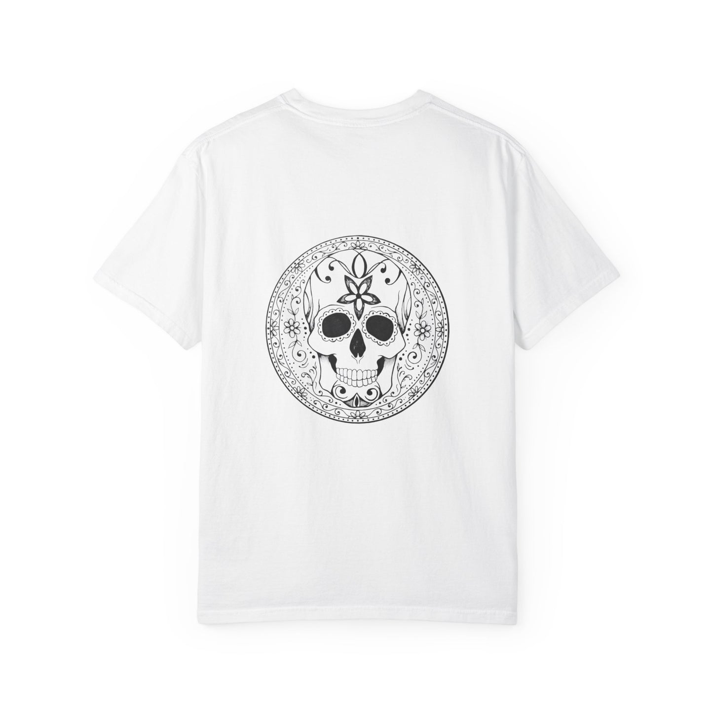 Skull Flower Mandela Trio - Unisex T-Shirt — Hand-Drawn Flower Bouquet & Sugar Skull Back Print