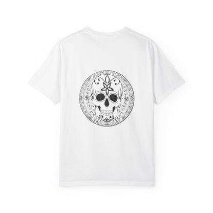 Skull Flower Mandela Trio - Unisex T-Shirt — Hand-Drawn Flower Bouquet & Sugar Skull Back Print